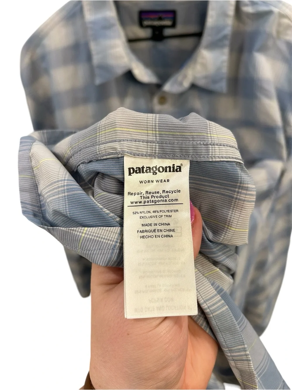Patagonia Long-Sleeved Sun Stretch Shirt Blue Plaid Hiking Fishing Size XL